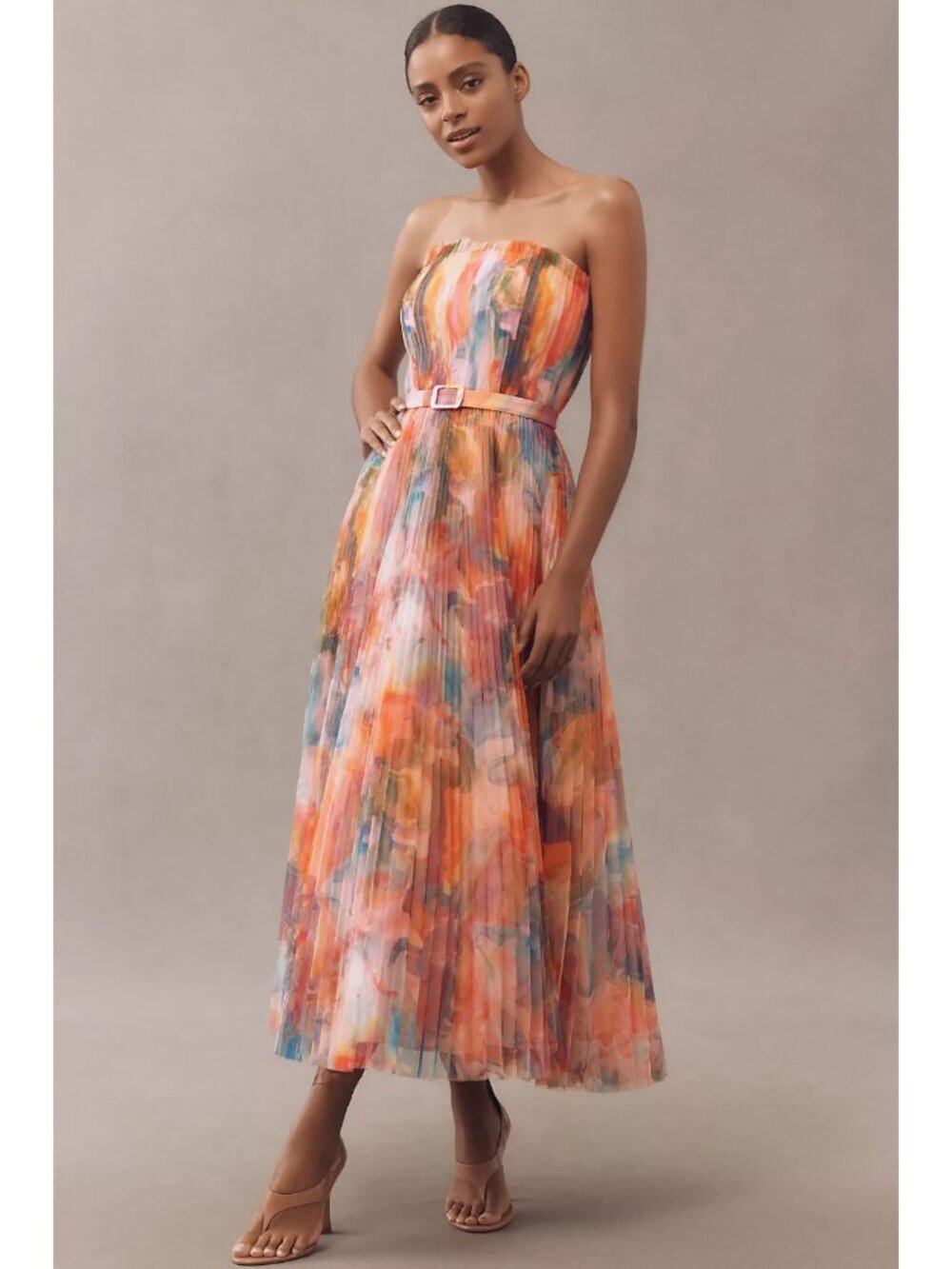 Hutch Strapless Belted Chiffon Floral Micropleated  Maxi Dress Technicolor 8